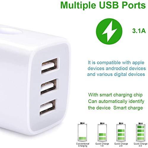 USB Charging Plug, Wall Charger Adapter,Sicodo 3Pack Universal Travel 3.1A 3 Muti Port Fast Charging Block Compatible with iPhone 12 SE 2020 11 Xs Max XR 8,Tablet,Samsung GalaxyS10,S9,Edge,HTC,Google 3Pack-White