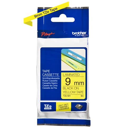Brother Genuine P-Touch 4-Pack TZe-621 Laminated Tape, Black Print on Yellow Standard Adhesive Laminated Tape for P-Touch Label Makers, Each Roll is 0.35"/9mm (3/8") Wide, 26.2 (8M) Long