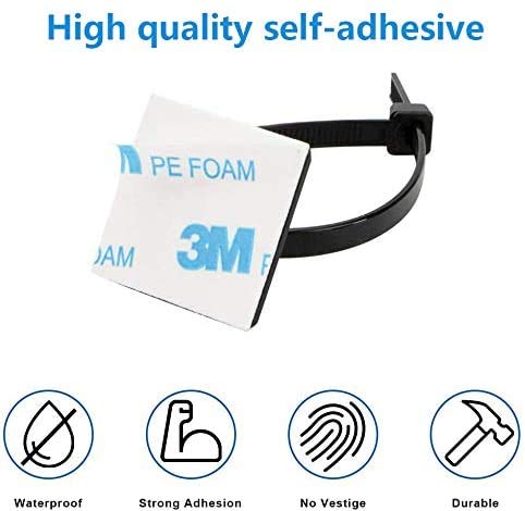 Black Cable Tie Zip Self Adhesive Mounts Set, Cable Base Holders with Multi-Purpose Sticky Pads 100 sets