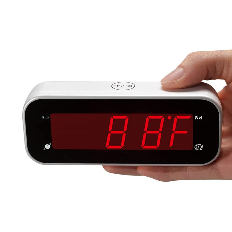 KWANWA Small Digital Alarm Clock for Travel with LED Temperature or Time Display Stays On,Battery Powered Only White