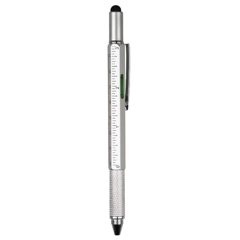 DunBong Metal Multi tool Pen 6-in-1 Stylus Pen - With Screwdriver, Phillips Screwdriver, Flathead Bit Slotted Screwdriver, Ballpoint Pen Black ink, Stylus pen, Bubble Level and Ruler (Silver) 银色