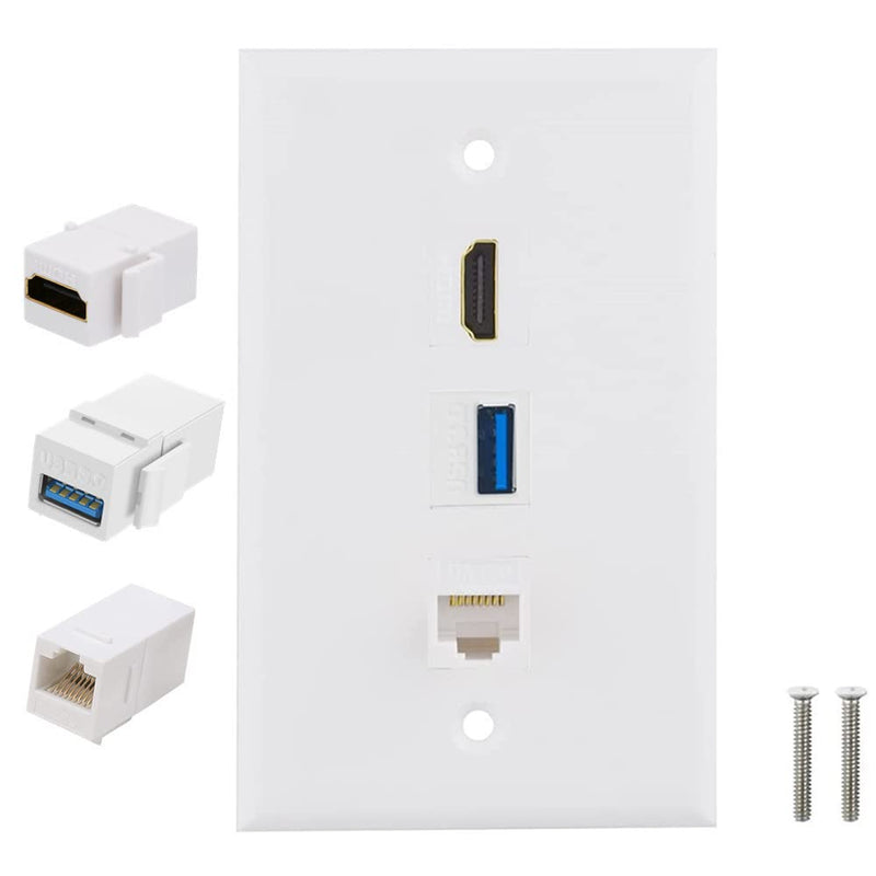 Halokny Wall Plate 3Port HDMI USB Outlet Wall Plate, 1 x HDMI Jack + 1 x Cat6 RJ45 Ethernet + 1 x USB 3.0 Jack Support Keystone Wall Plate for Face Plate, White