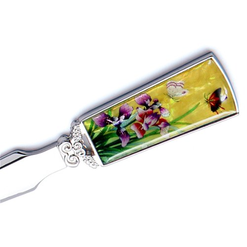 Mother of Pearl Yellow Flower Metal Steel Knife Sword Blade Hand Envelope Letter Opener with Orchid Design