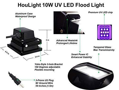 UV LED Black Light, HouLight High Power 10W LED Black Light Flood Light IP65-Waterproof (85V-265V AC) for Blacklight Party Supplies, Neon Glow, Glow in The Dark, Birthdays, Blacklights, Curing 10 Watts