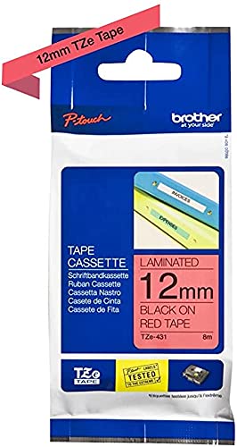 Brother Genuine P-Touch 2-Pack TZe-431 Laminated Tape, Black Print on Red Standard Adhesive Laminated Tape for P-Touch Label Makers, Each Roll is 0.47"/12mm (1/2") Wide, 26.2 (8M) Long