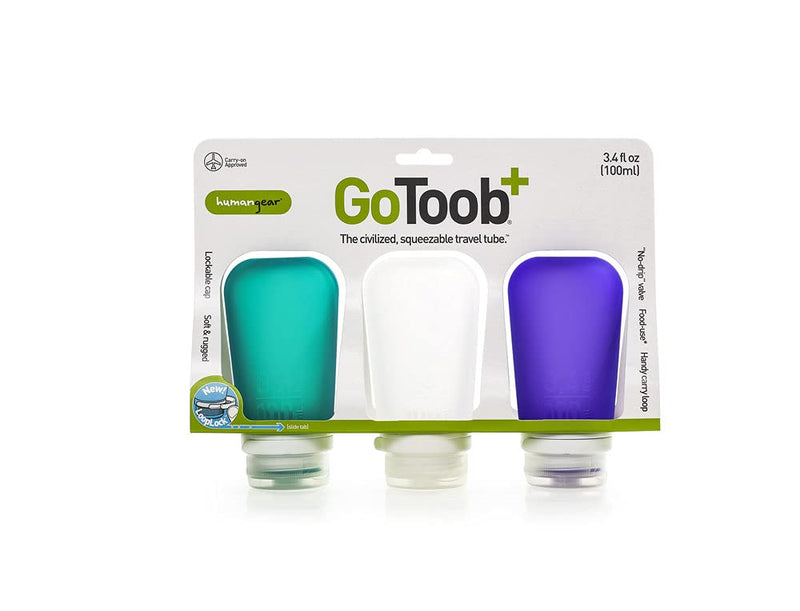 humangear GoToob+ Refillable Silicone Travel Size Bottles with Locking Cap, 3pk Set, Clear/Purple/Teal, Large (3.4oz) Large (3.4oz)