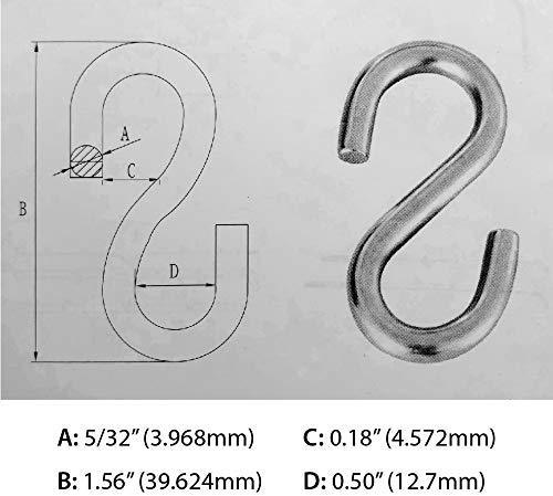 S Hook - Marine Grade 316 Stainless Steel 1.56" Long, 5/32" Thick Metal Hook for Hanging and Utility Use (20) 20