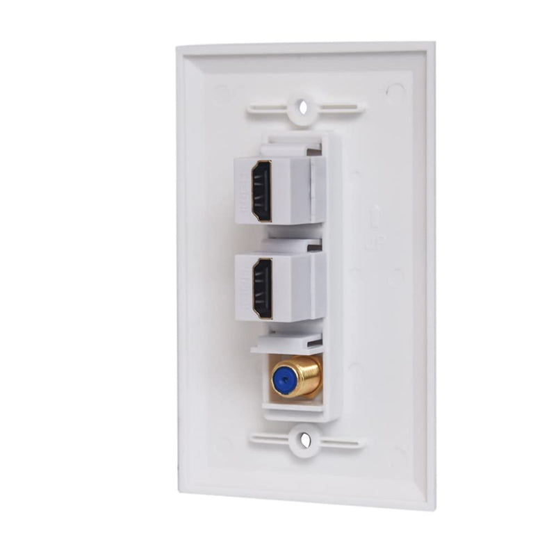 ESYLink 2 HDMI 1 Coax Wall Plate Female to Female - 2 Port 4K HDMI 2.0 Keystone +1 Port 3GHz Coax Cable TV Gold-Plated F-Type Faceplate - White 2HDMI+1F