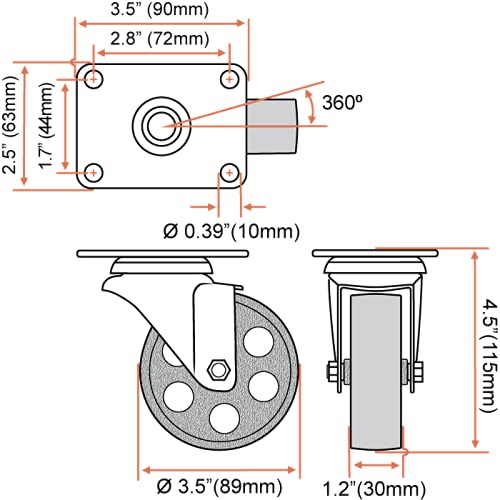 Online Best Service 4 Pack Large Steel Swivel Caster Wheel Heavy Duty 3.5" Wheel (3.5" No Brake) 3.5" No Brake