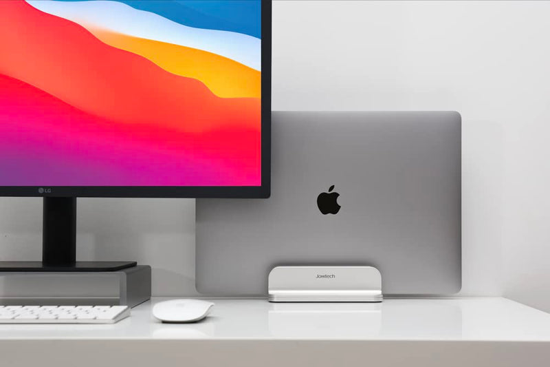JOKItech Aluminum Laptop Vertical Stand Organizer, Sturdy Laptop Computer Holder Desktop Stand Compatible with New Retina Apple MacBook Pro/Air, Mac Mini, Apple TV and iPad Pro -Silver Silver