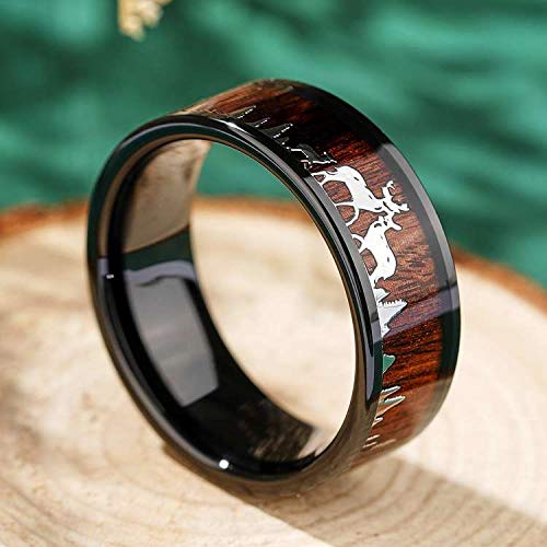 THREE KEYS JEWELRY 8mm Deer Family Tungsten Rings for Men Women KOA Wood Inlay Wedding Bands Black 11.5