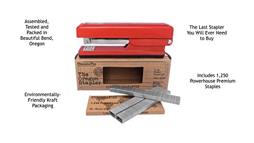 The Oregon Stapler, Built in USA, Heavy Duty, Built-in Staple Remover, Staples 2 to 25 Sheets, Includes Box of Staples, Jam Staple (Red) by PraxxisPro Red