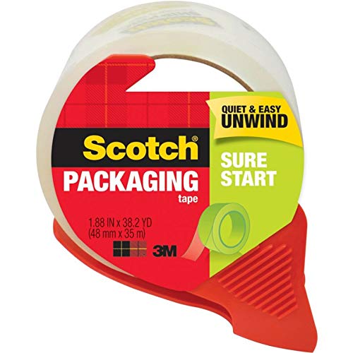 Scotch Sure Start Shipping Tape with Dispenser, 1.88 in. x 38.2 yd., Clear, 1 Dispenser/Pack 1 Roll 1.88" x 38.2 yards