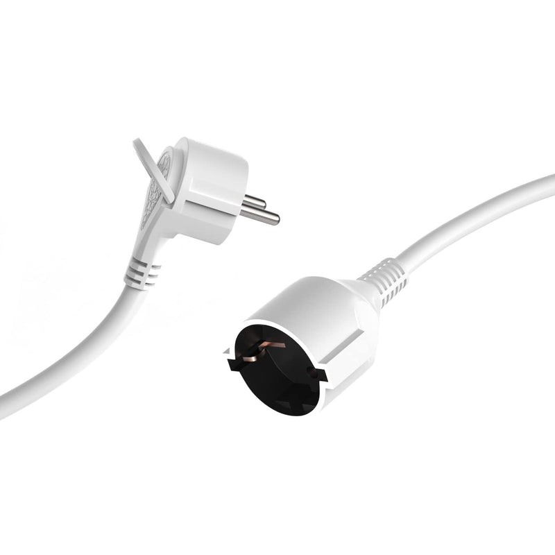 MutecPower 2 meter extension cable with flat plug, quality plastic Schuko extension with flat plug, protective contact, 90° angle plug & protective contact coupling up to 250V 16A IP20-2m white