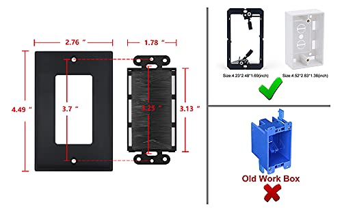 VCE 2-Pack Single Brush Wall Plate Cable Pass Through Insert for Wires, Single Gang Cable Access Strap, Wall Socket for HDTV, Home Theater Systems - Black