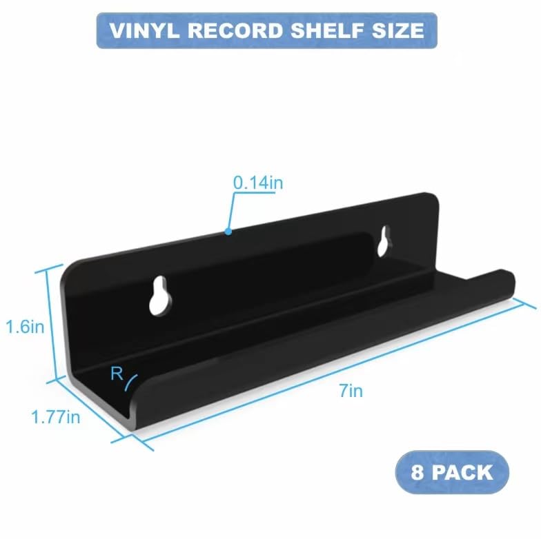 WPESI Vinyl Record Shelf Wall Mount 8Pack,7 Inch Acrylic Record Shelf,Record Wall Display, Vinyl Record Holder CD Rack,8 Pack (Black) Black