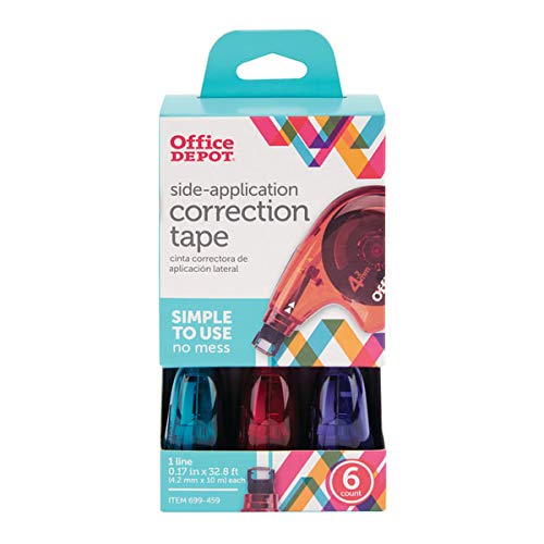 Office Depot Side-Application Correction Tape, 1 Line x 394in, Assorted Colors, Pack of 6, 10847