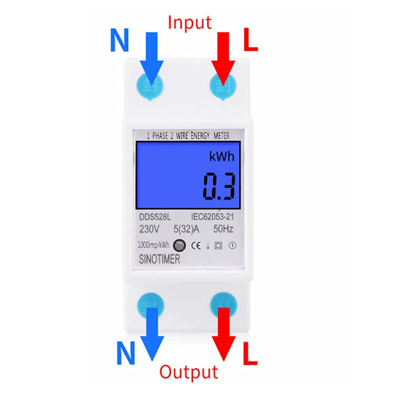 Electric Energy Meter, 5-32A 110-230V AC 50(60) Hz Single Phase Multi Function Watt Hour Meter with Multi Value LCD Display, Multipurpose KWh Voltage Current Power Meter, 35mm DIN Rail Mount
