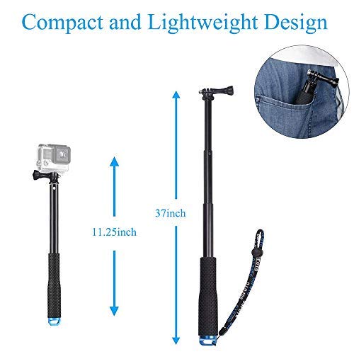 VVHOOY Waterproof Selfie Stick Extendable 11.25-37inch Handheld Aluminum Telescopic Pole Monopod Compatible with Gopro Hero 9 8 7 6 5,AKASO EK7000,Brave 4,V50,Crosstour,Victure,Campark Action Camera