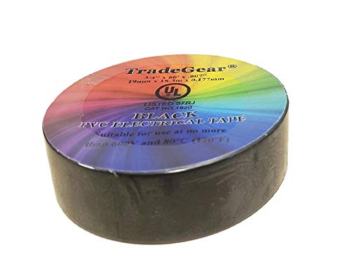 TradeGear Colored Electrical Tape - PVC General Purpose - Waterproof, Flame Retardant, Strong Rubber Based Adhesive, UL Listed - Rated for Max. 600V and 80oC Use – 60’ x 3/4" x 0.07" (1 Pk Black) 1 Pk Black