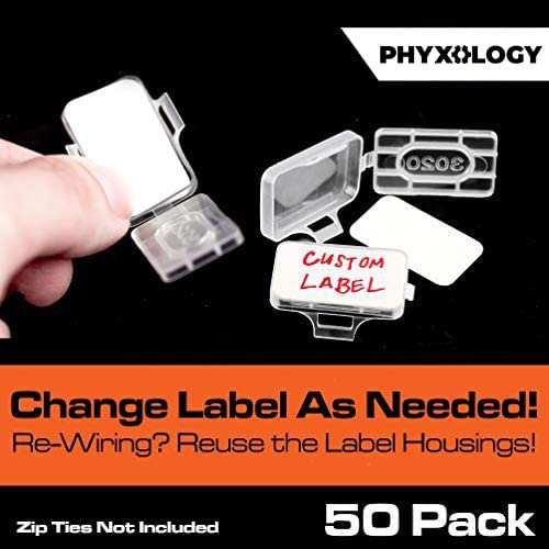 Heavy Duty Zip Tie Labels for Cables and Cords, 50Pk. Durable, Protective Box Attaches to Zip Ties for Easy Cord and Cable Organization. Best Reusable Wire Management Ties. Includes Easy Write Inserts