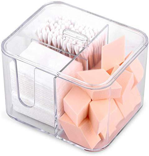 SUNFICON Cotton Pads Holder Organizer Cotton Swab Balls Box Holder Dispenser Storage Canister Cosmetic Pads Container Flossers Case 4-Grid Bathroom Countertop Vanity,Acrylic Crystal Clear 1 lid