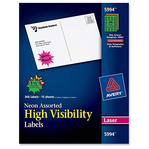 AVERY 5994 High-Visibility Permanent ID Label Bursts, Laser, 1 1/2 dia, Asst. Neon, Pack of 360, Neon Green;neon Magenta;neon Yellow