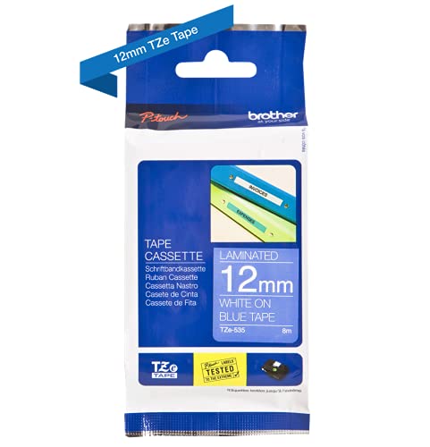 Brother Genuine P-Touch 2-Pack TZe-535 Laminated Tape, White Print on Blue Standard Adhesive Laminated Tape for P-Touch Label Makers, Each Roll is 0.47"/12mm (1/2") Wide, 26.2 (8M) Long