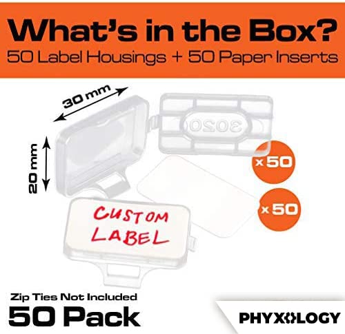 Heavy Duty Zip Tie Labels for Cables and Cords, 50Pk. Durable, Protective Box Attaches to Zip Ties for Easy Cord and Cable Organization. Best Reusable Wire Management Ties. Includes Easy Write Inserts