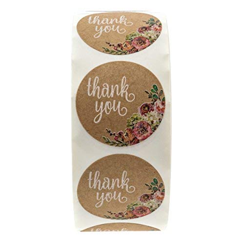 Brown Kraft Floral Thank You Stickers - 1.5" Circle Labels / 1000 per Pack