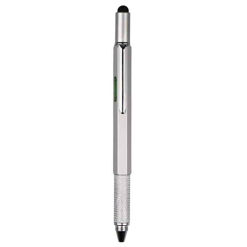 DunBong Metal Multi tool Pen 6-in-1 Stylus Pen - With Screwdriver, Phillips Screwdriver, Flathead Bit Slotted Screwdriver, Ballpoint Pen Black ink, Stylus pen, Bubble Level and Ruler (Silver) 银色