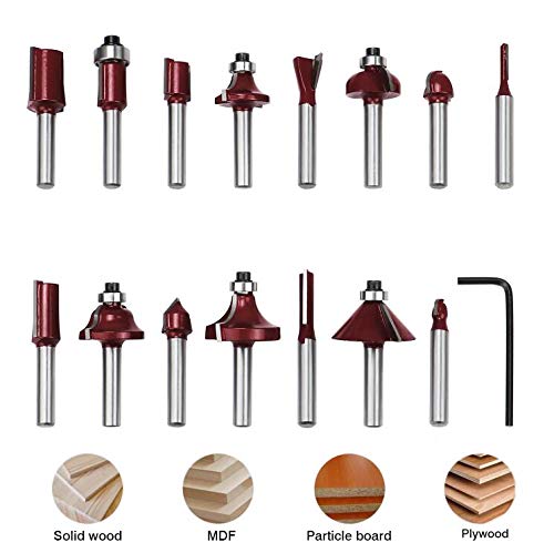 Fippy 15 piece router cutter set, cutter for router 6.35 mm, groove cutter, profile cutter for router, wood cutter in industrial quality for hard and soft