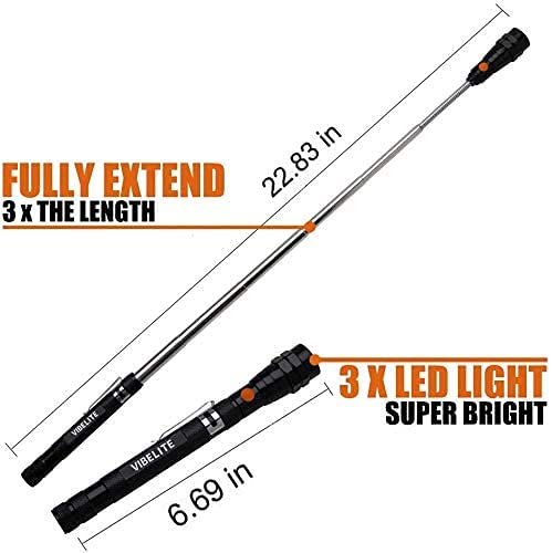 VIBELITE Magnet 3 LED Magnetic Pickup tool, Telescoping Flexible Extensible Led Flashlights,Perfect Mechanic pick-up tools gifts for men, 4 x LR44 Batteries (Included) 1Pack Light Black