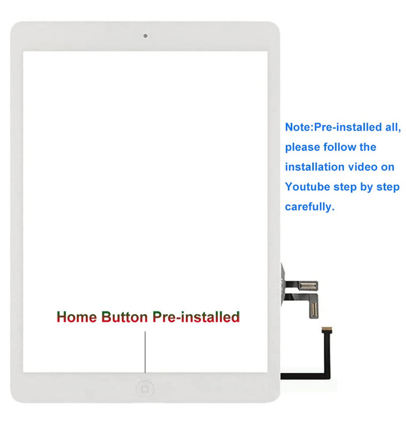 Touch Screen Replacement VDASO for iPad Air 1st Generation Digitizer Glass 9.7 Inch,for A1474 A1475 A1476 Air 1st Gen Digitizer with Home Button,Full Repair Kit (White) White