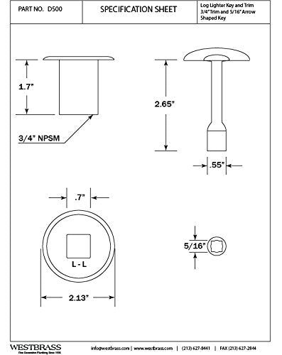 Westbrass R500-62 3/4" NPSM Gas Fire Pit and Fireplace Log Lighter Key Valve Trim Kit, 1-Pack, Matte Black 1 Pack