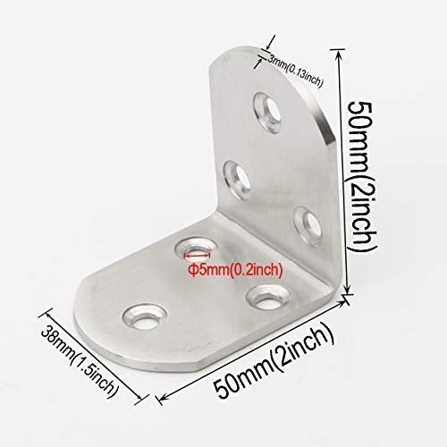 Pxyelec Stainless Steel 3mm Thicker 90 Degree Right Angle Brackets Fastener Corner Braces with Screws, Corner Brace, 50mm x 50mm / 2 inch x 2 inch, Pack of 4
