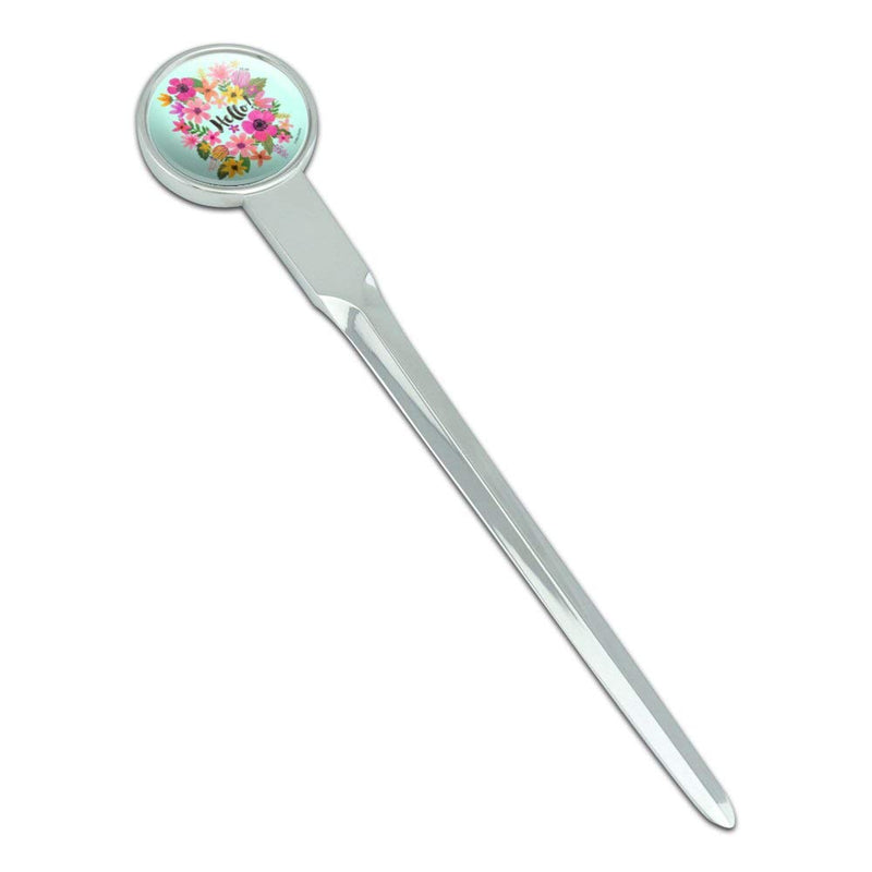 Hello with Pretty Flowers Classic Chrome Plated Metal Envelope Letter Opener Slitter