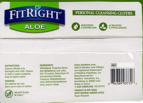 Medline-MSC263654 FitRight Aloe Personal Cleansing Cloth Wipes, Scented, Pack of 48, 8 x 12 inch Adult Large Incontinence Wipes