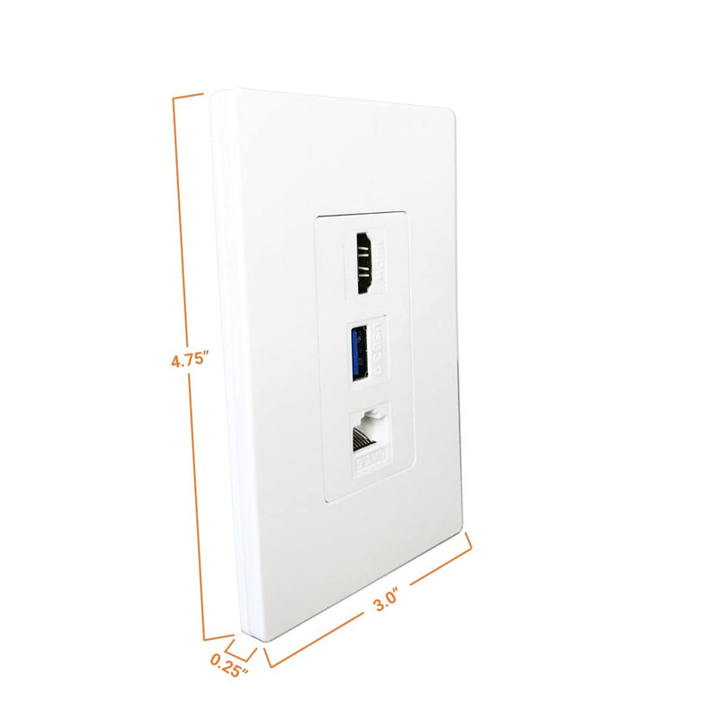 diyTech Premium 1 HDMI, 1 USB, 1 Ethernet Cat 6 RJ45, Pass Through, with Mounting Bracket, for Ethernet HDMI USB Setups, Screwless Wall Plate Outlet - White