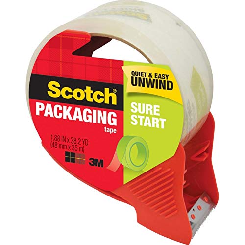 Scotch Sure Start Shipping Tape with Dispenser, 1.88 in. x 38.2 yd., Clear, 1 Dispenser/Pack 1 Roll 1.88" x 38.2 yards