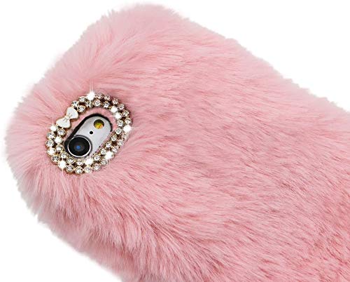 Jorisa Plush Case for Moto G Power 2021,Cute Furry Rabbit Fur Hair Winter Warm Fluffy Fuzzy Cover Bling Crystal Diamond Soft Silicone Phone Case for Girls Women,Pink Pink