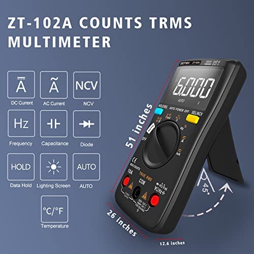 ZOTEK ZT-102A Multimeter Voltage Tester Circuit Tester Manual/Automatic Mode True RMS Auto Range Digital Multimeter Pocket Multimeter LCD 6000counts NCV,10A 60MΩ