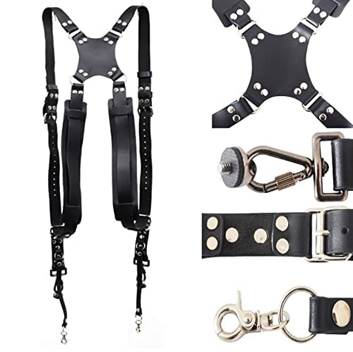 Jumyee Leather Camera Strap, Dual Camera Straps For Photographers Double Camera Harness AdjustableÂ Shoulder StrapsÂ Belt Black