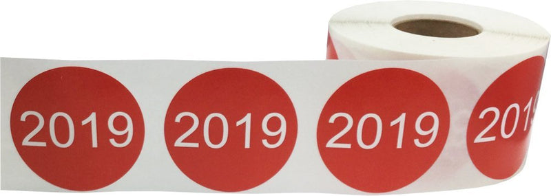 Red 2019 Circle Stickers, 1.5 Inches Round, 500 Labels on a Roll