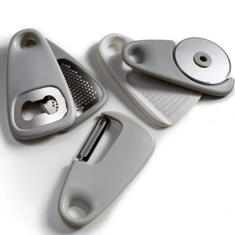 PortoFino 5 Pc. Kitchen Gadget Set – Space Saving Cooking Tools/Food Accessories – Cheese/Chocolate Grater, Garlic/Ginger Grinder, Pizza Cutter, Bottle Opener, Fruit/Vegetable Peeler