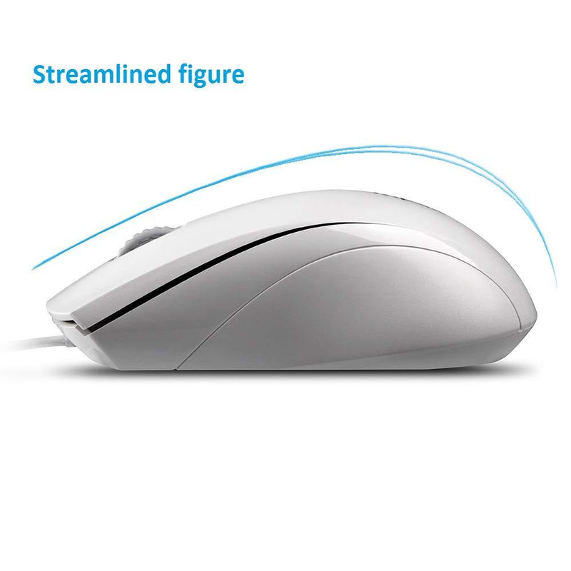 Rapoo N1600 3-Button Quiet Wired Mouse, 1000DPI Optical Mouse, Quiet Button, Ergonomic Shape, for Desktop Computers Laptops, Matte White