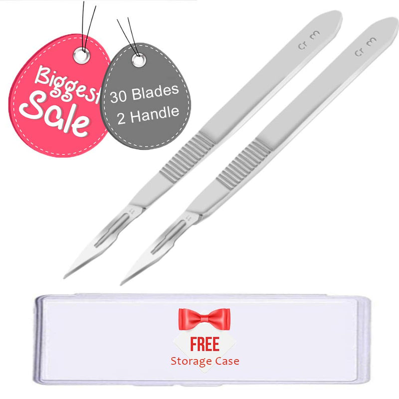 30 Pieces Scalpel Sterile Blades #11 with 2 Pack #3 Metal Scalpel Knife Handle & Storage Case, for Biology Lab Anatomy, Practicing Cutting, Medical Student, Sculpting, Repairing, Crafts, Leather