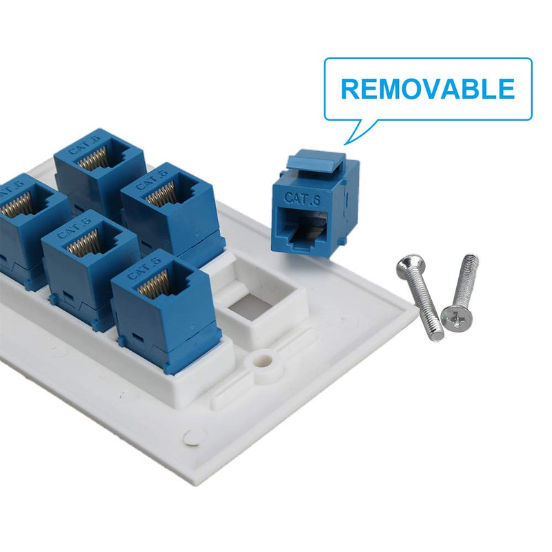 Cat 6 Ethernet Wall Plate 6 Port,Ethernet Wall Plate Female-Female Removable Compatible with Cat7/6/6e/5/5e Ethernet Devices -Blue Cat6-6port