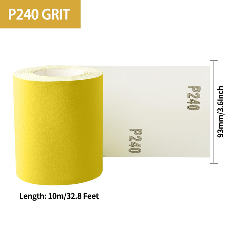 Shineboc sandpaper roll yellow, 93 mm x 10 m sandpaper quartz sand dry sandpaper for hand sanders for wood, metal, steel, stainless steel - 10 m/grit 240 10 meters grit 240