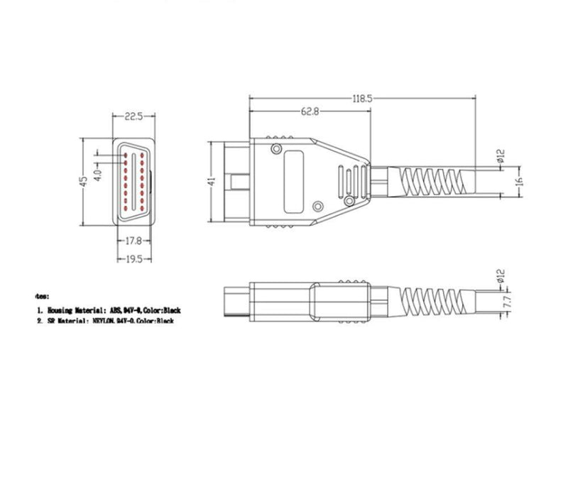 E-Car Connection Universal OBD2 16 Pin Square Contact Type Car Connection Male Adaptor Plug with Screws